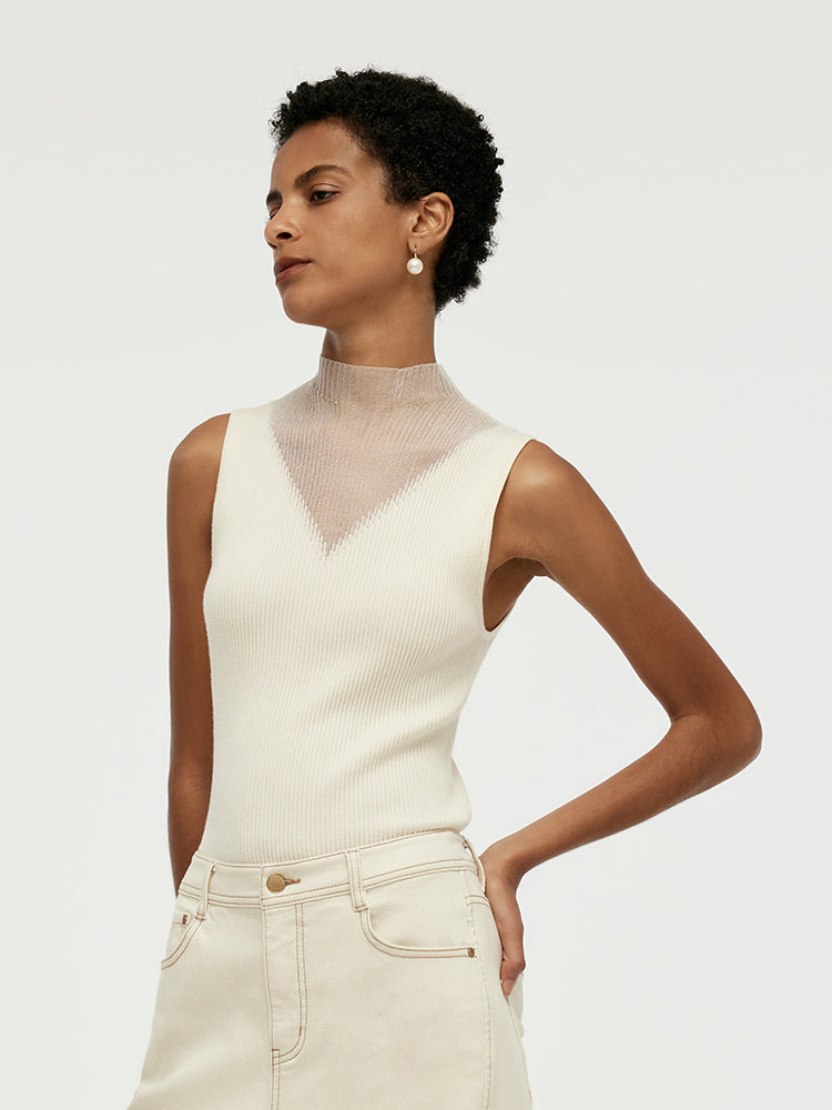 Patchwork Mock Neck Damska Dzianinowa Bluzka Bez Rękawów