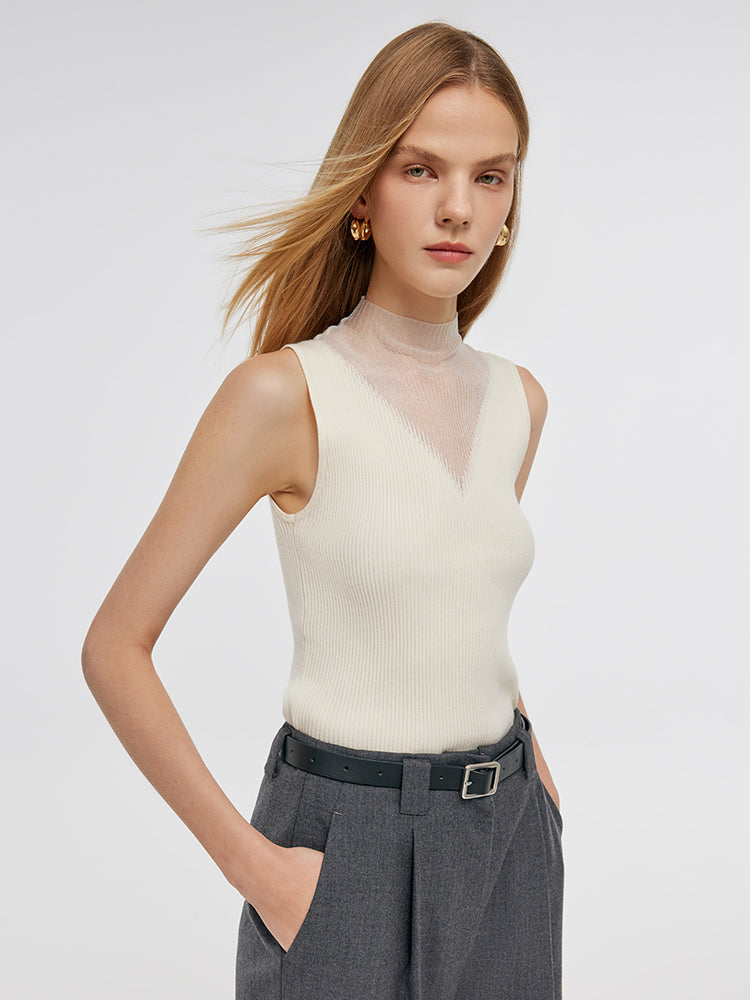 Patchwork Mock Neck Damska Dzianinowa Bluzka Bez Rękawów