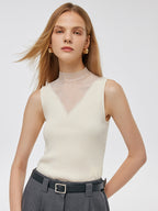 Patchwork Mock Neck Damska Dzianinowa Bluzka Bez Rękawów