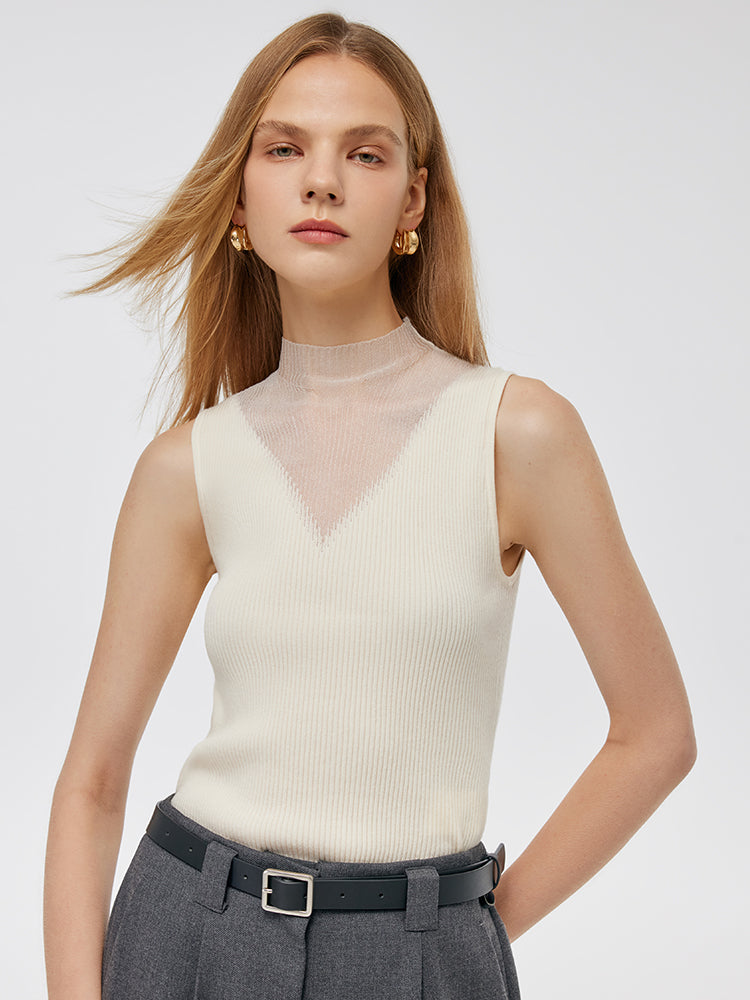 Patchwork Mock Neck Damska Dzianinowa Bluzka Bez Rękawów
