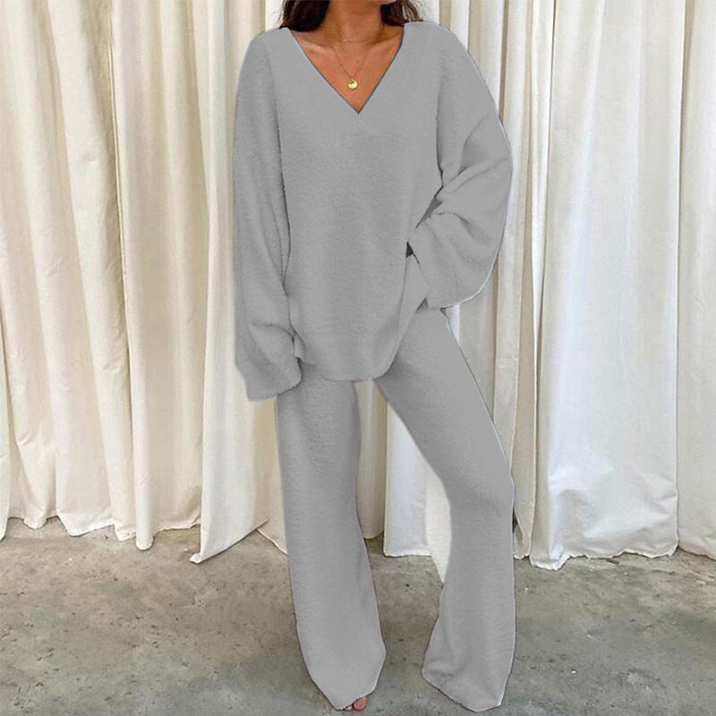 REBECCA Miękki Zestaw Damski Homewear - 2-częściowy Komplet z Dekoltem V i Szerokimi Spodniami