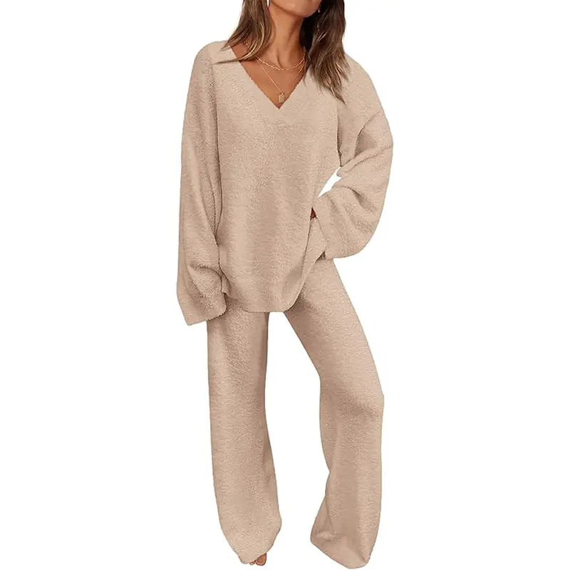 REBECCA Miękki Zestaw Damski Homewear - 2-częściowy Komplet z Dekoltem V i Szerokimi Spodniami